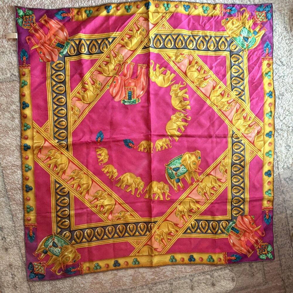 ⁠Vintage Cartier Paris Silk Scarf Jewel Elephant Magenta Pink Gold Carre 33.5"